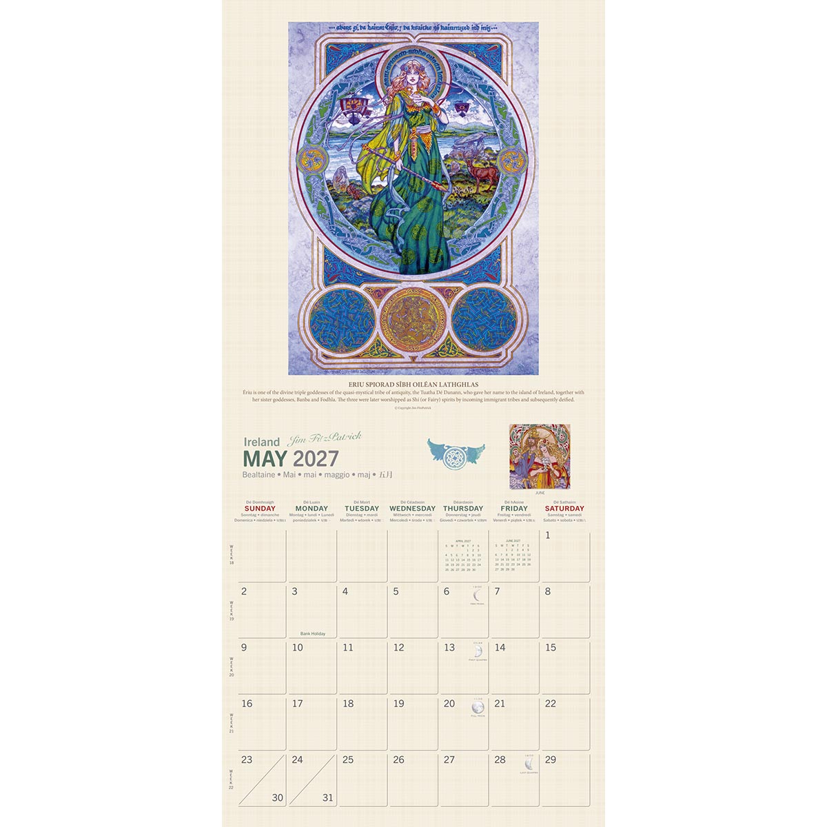 May 2027 Ireland page with a goddess in a circular frame and calendar grid beneath.
