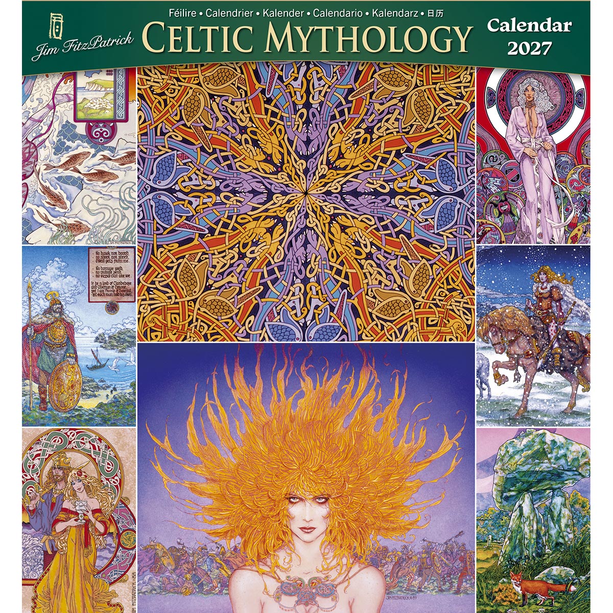 Celtic Mythology 2027 calendar cover featuring a vivid central knotwork design surrounded by mythic panels.