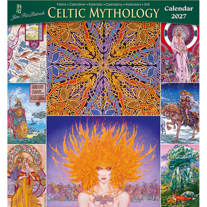 Celtic Mythology 2027 calendar cover featuring a vivid central knotwork design surrounded by mythic panels.