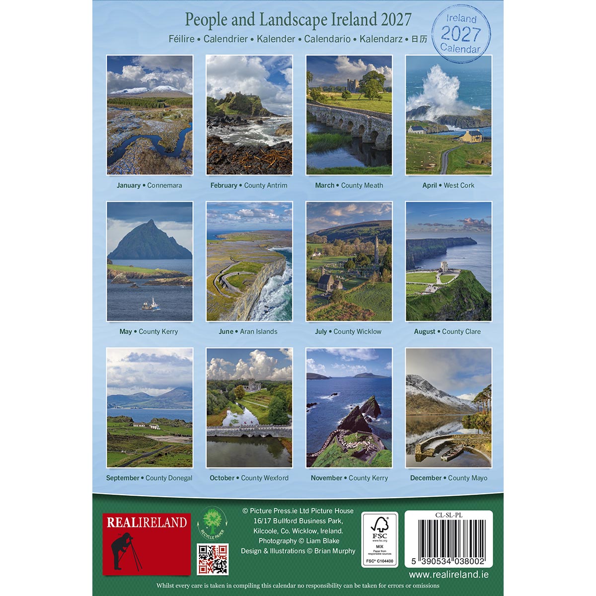 Cover of the People and Landscape Ireland 2027 calendar with a blue background and landscape thumbnail images