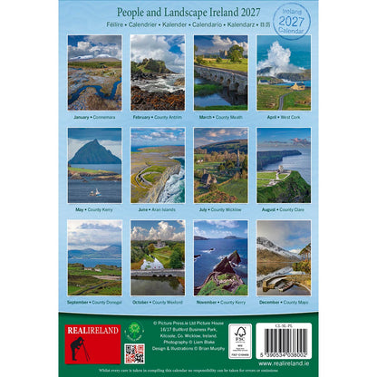 Cover of the People and Landscape Ireland 2027 calendar with a blue background and landscape thumbnail images