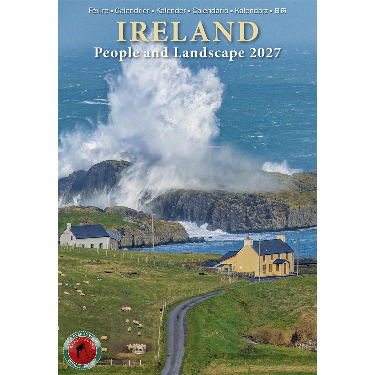 Ireland People and Landscape 2027 calendar cover showing a coastal scene with cottages by the sea and crashing waves