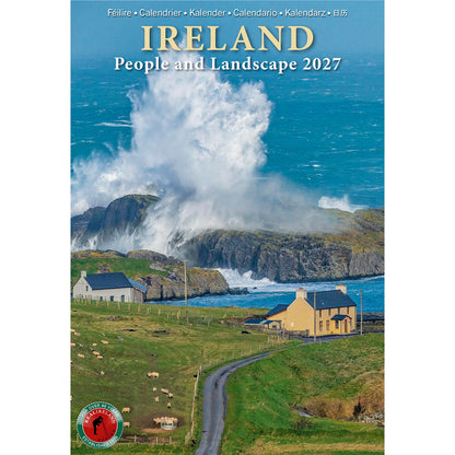 Ireland People and Landscape 2027 calendar cover showing a coastal scene with cottages by the sea and crashing waves