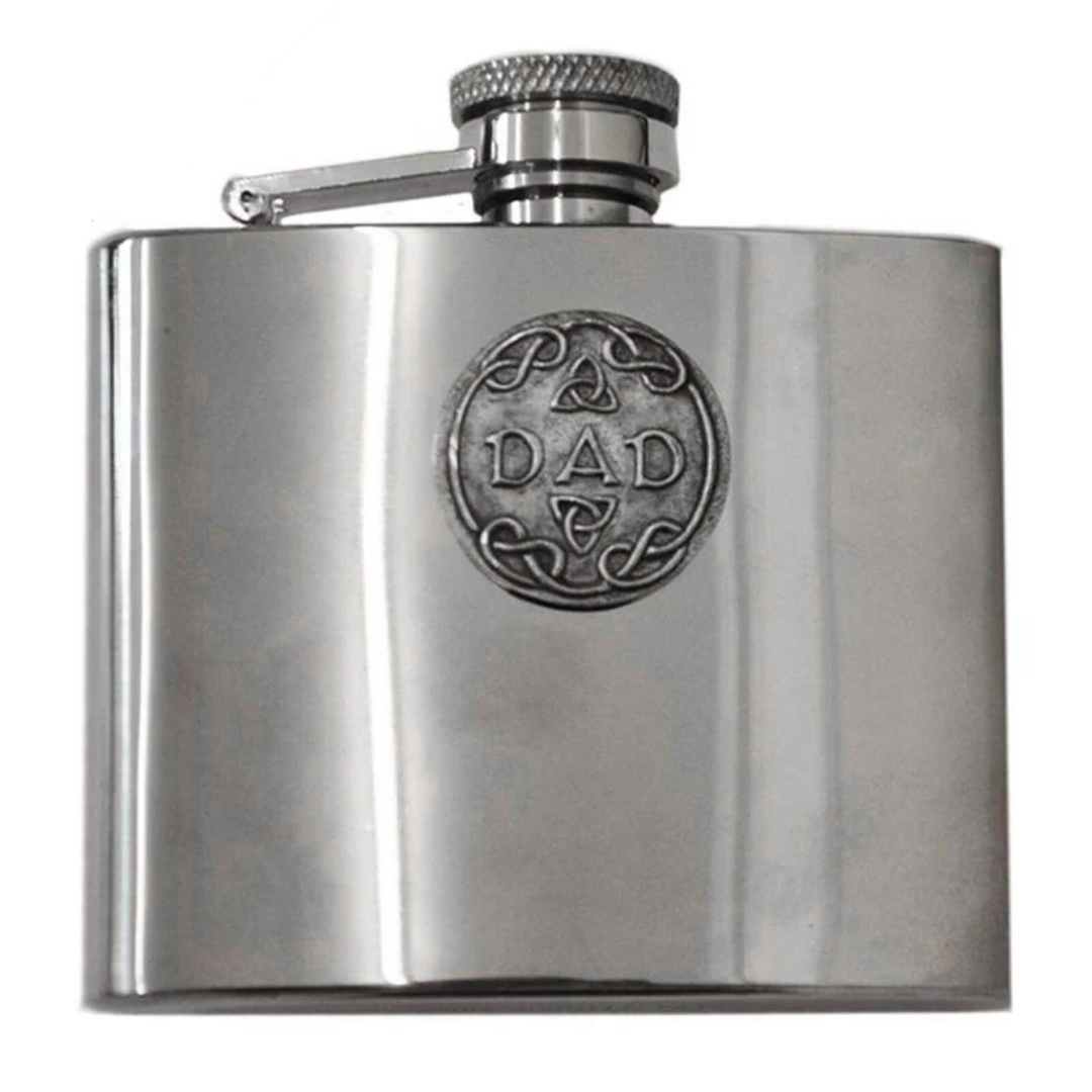 Mullingar Pewter 4oz Hip Flask With Trinity Design & Dad Text