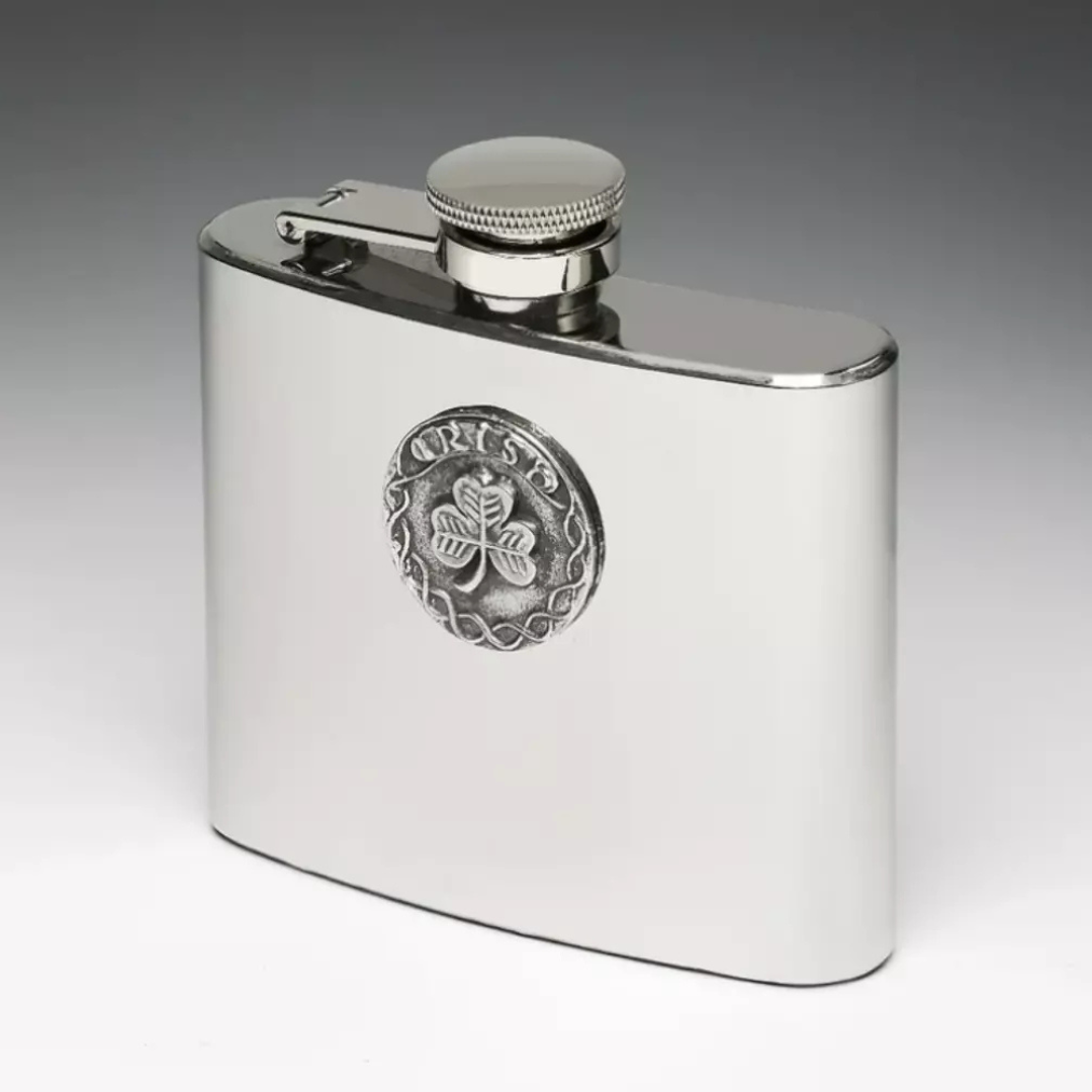 Mullingar Pewter Stainless Steel Hip Flask With Shamrock