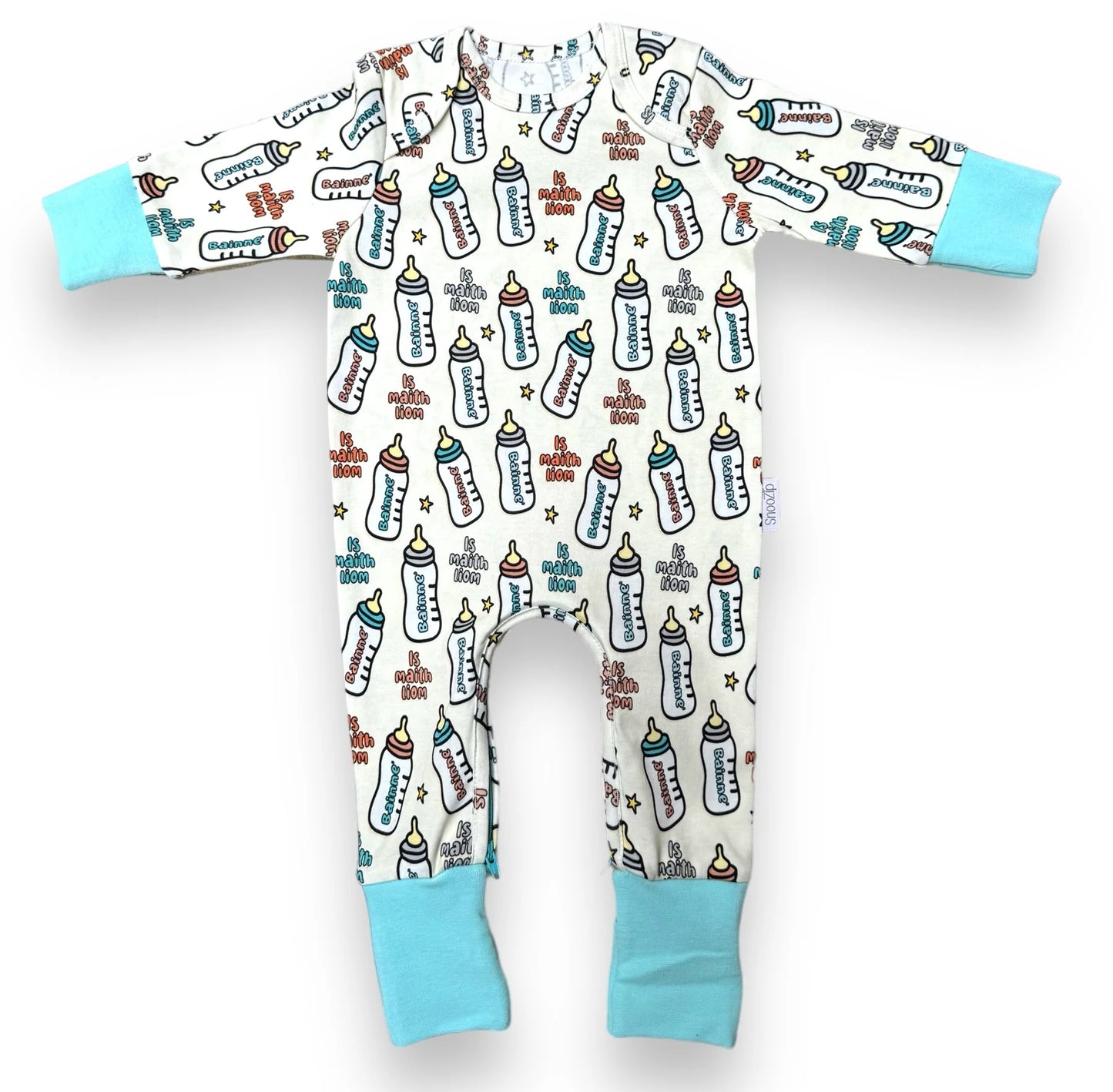 Snoozip Bainne baby onesie with all over baby bottle print and turquoise cuffs