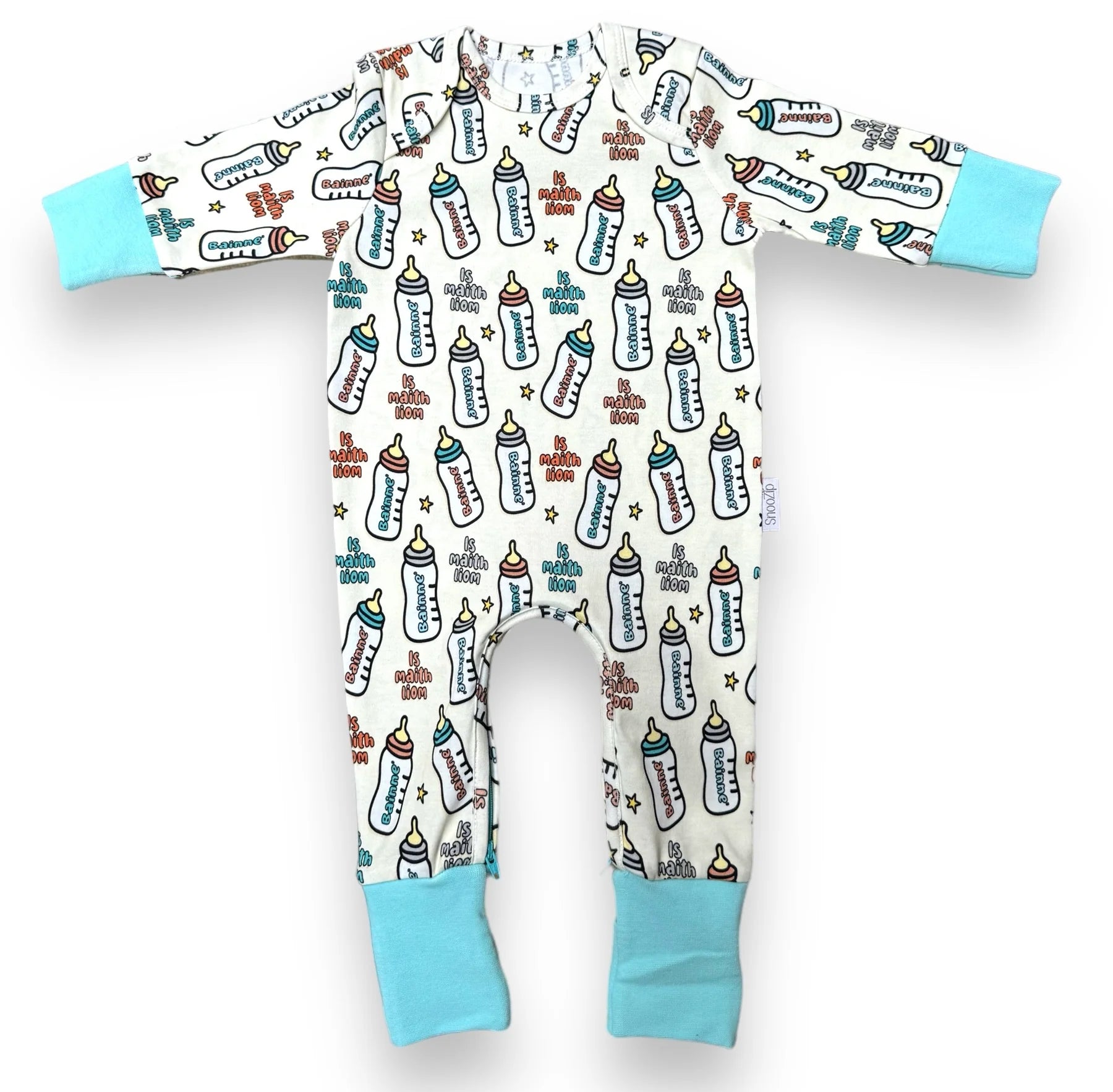 Snoozip Bainne baby onesie with all over baby bottle print and turquoise cuffs