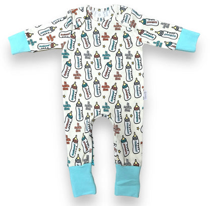 Snoozip Bainne baby onesie with all over baby bottle print and turquoise cuffs