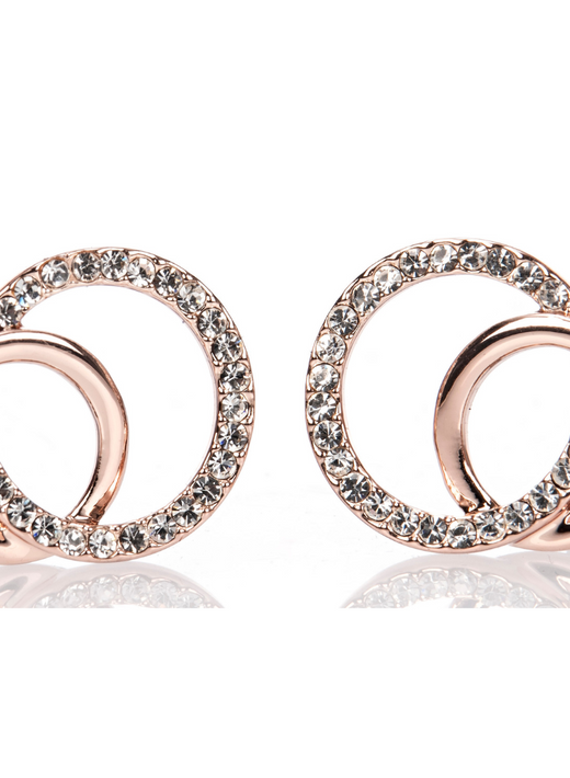 Pair of rose gold earrings with intertwined circles and clear crystals