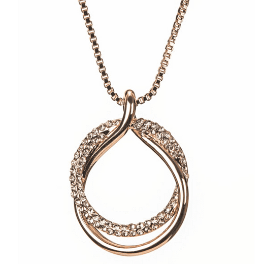 Gold pendant necklace with intertwined loops and embedded crystals