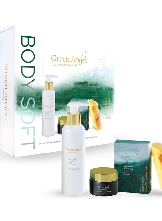 Green Angel Body Soft Gift Set box with white pump bottle and assorted skincare items.