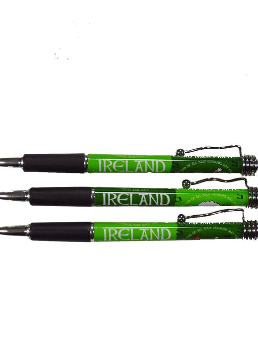 Three green Ireland themed pens with shamrock and sheep designs.