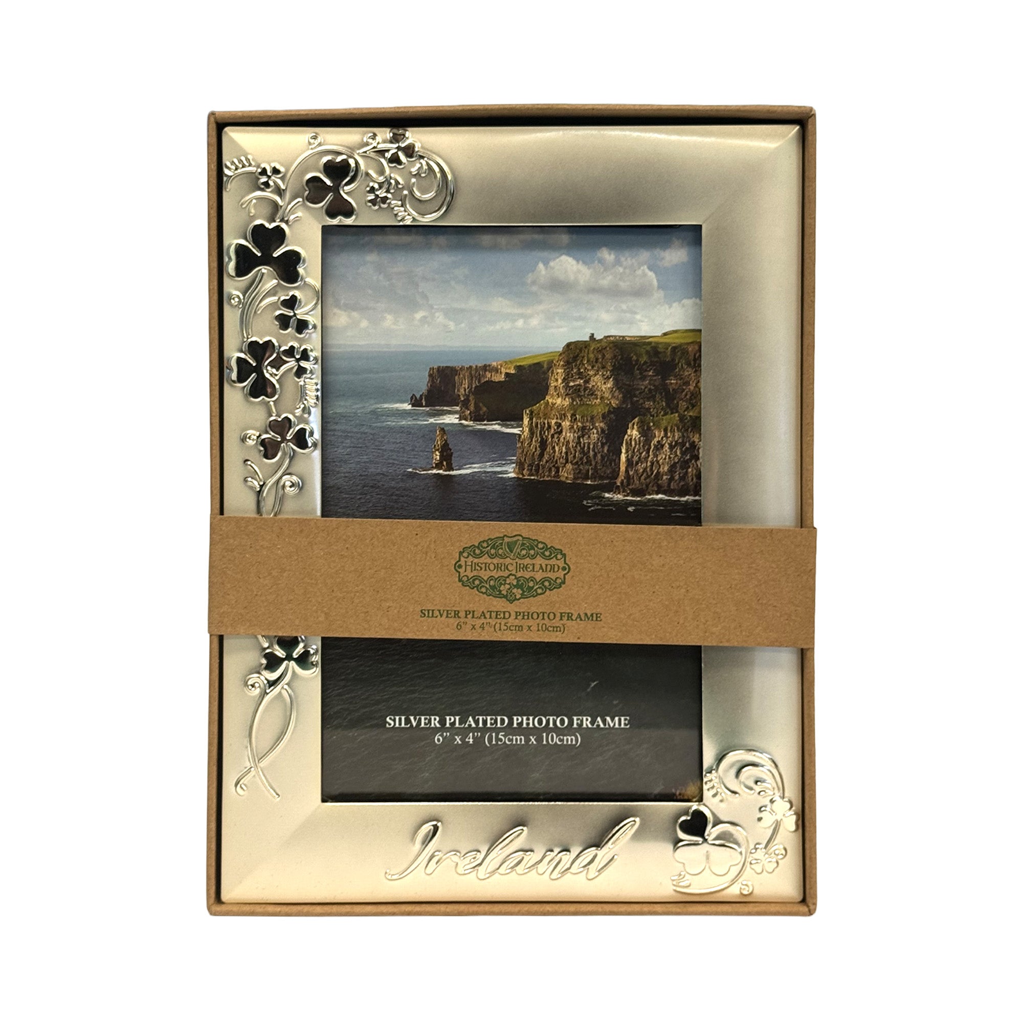 Silver plated Ireland themed photo frame with clover designs in a gift box