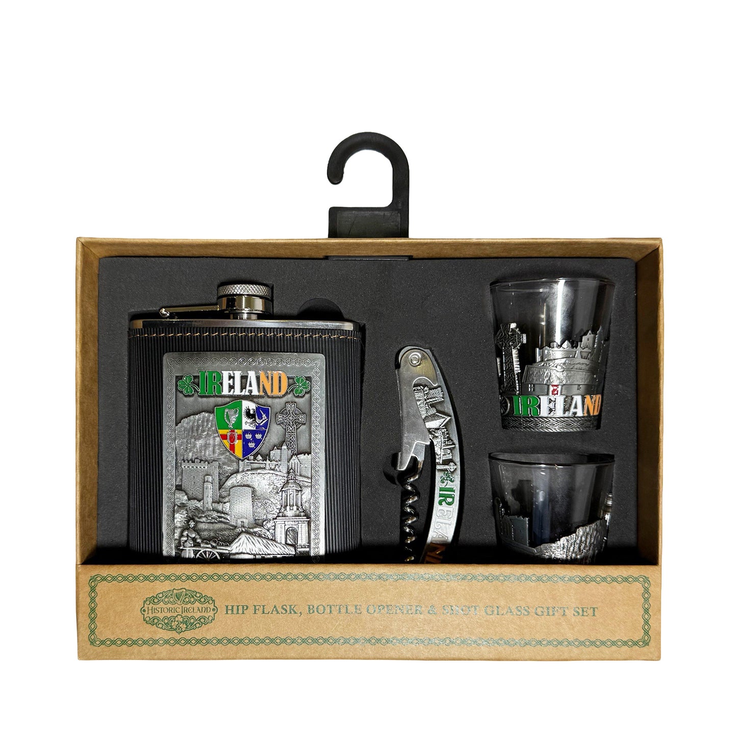 Ireland hip flask gift set with two shot glasses and bottle opener in a foam insert display box