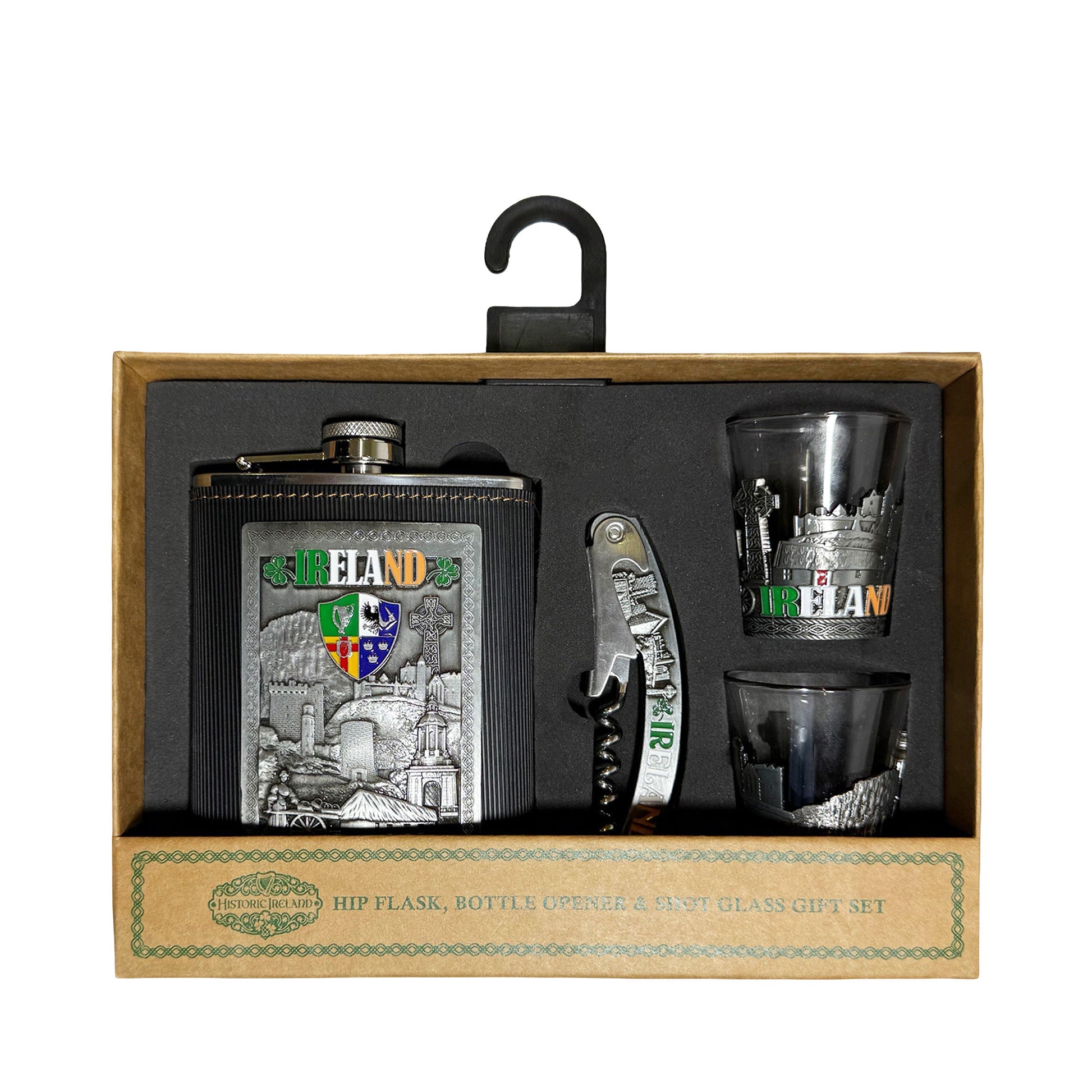 Ireland hip flask gift set with two shot glasses and bottle opener in a foam insert display box