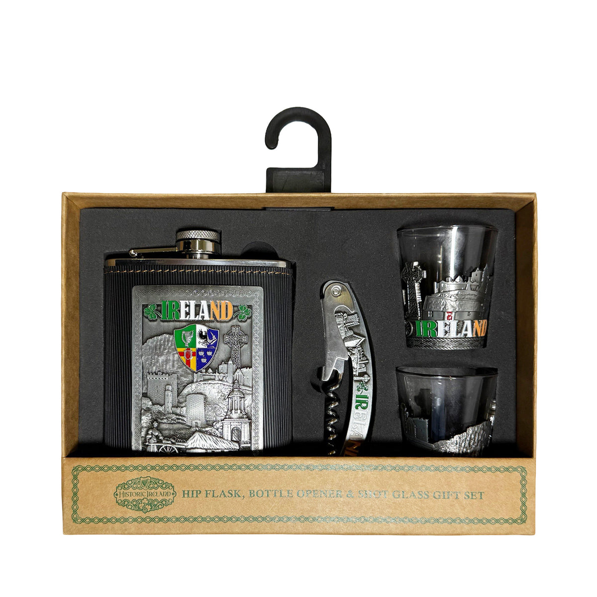 Ireland hip flask gift set with two shot glasses and bottle opener in a foam insert display box