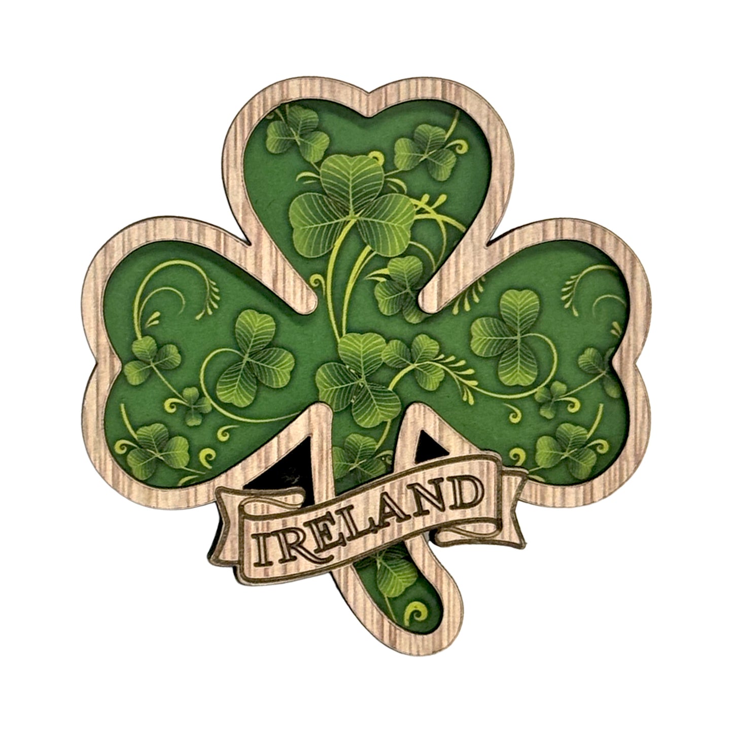 Wooden Ireland four leaf clover magnet with green clover design and natural wood border