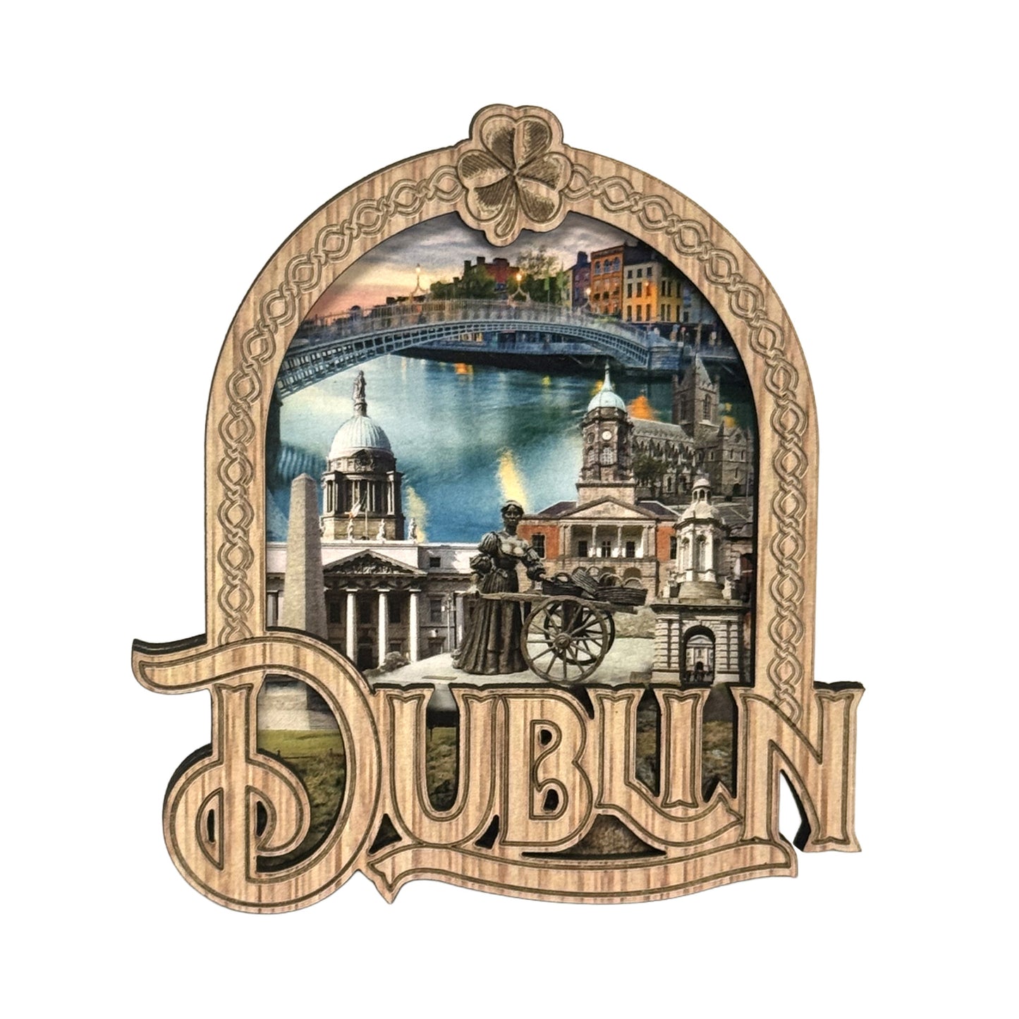 Dublin Arch Wood Magnet featuring carved Dublin text on a beige arch frame with city landmarks