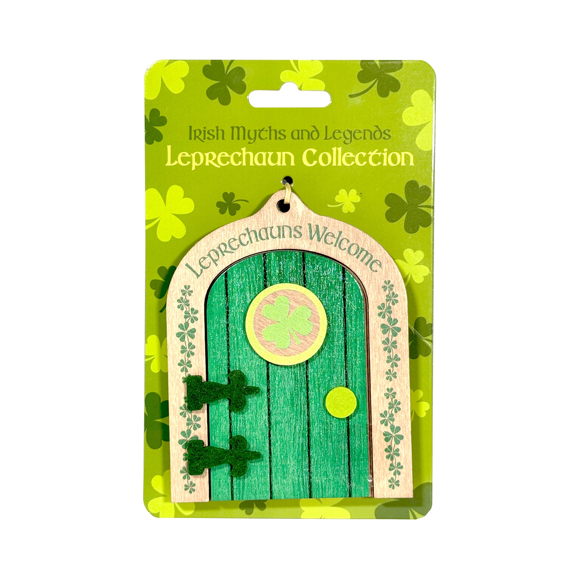 Wooden arched door decoration in green with ivy trim and clover motifs from Leprechaun Collection.