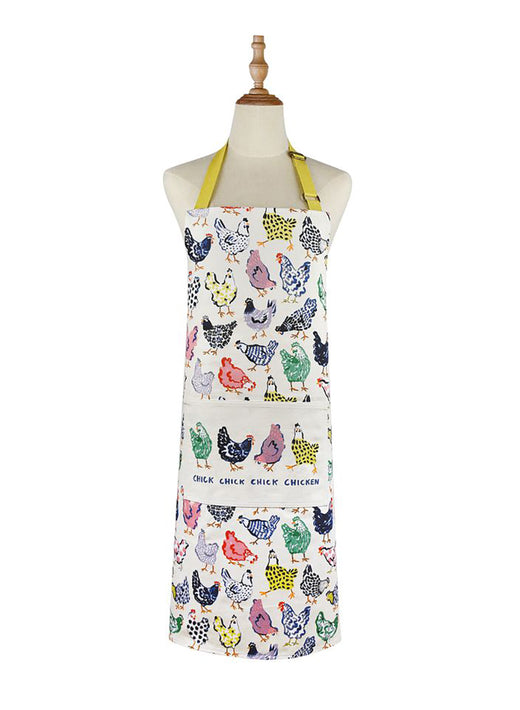 White cotton apron with a colorful chicken print and yellow neck strap displayed on a mannequin
