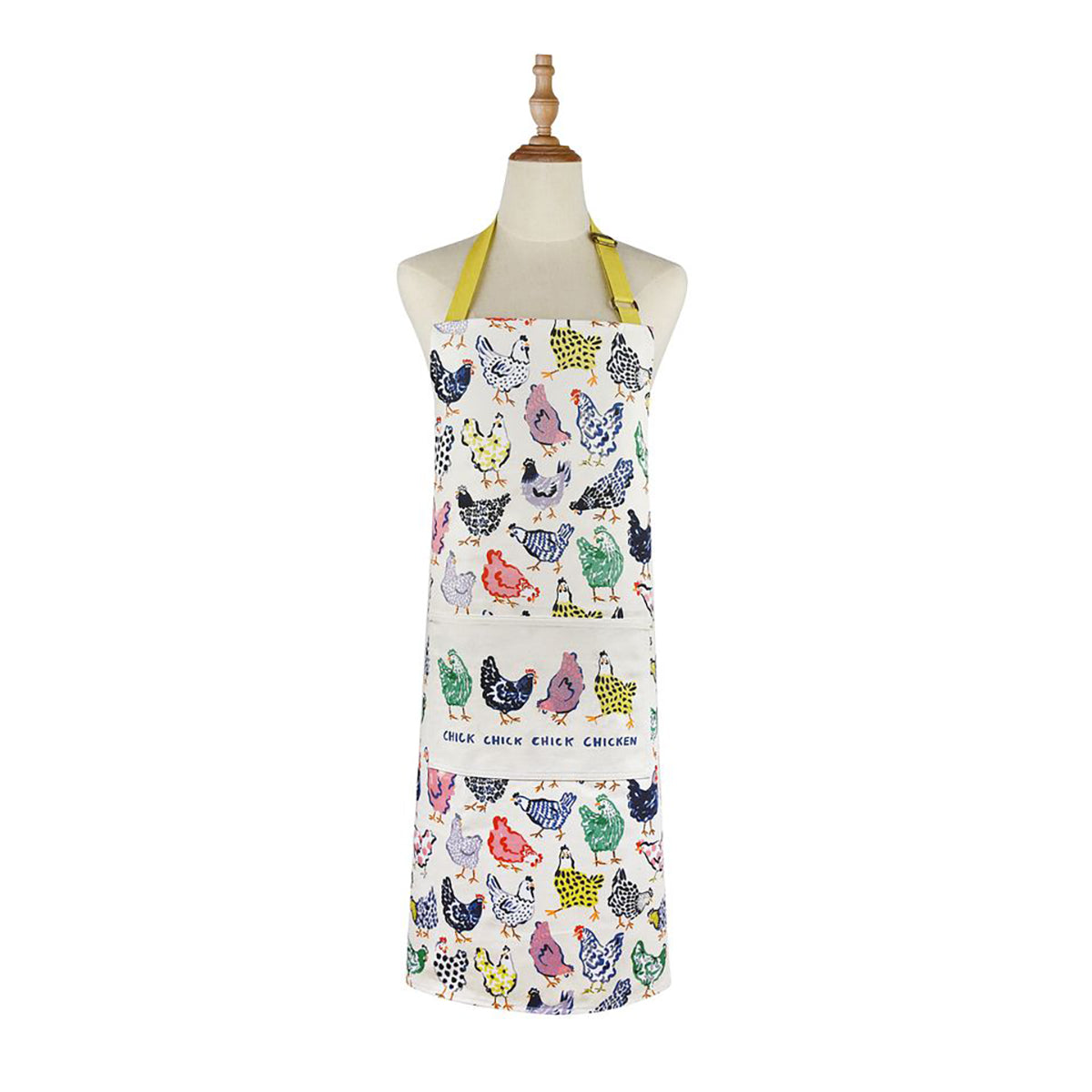 White cotton apron with a colorful chicken print and yellow neck strap displayed on a mannequin