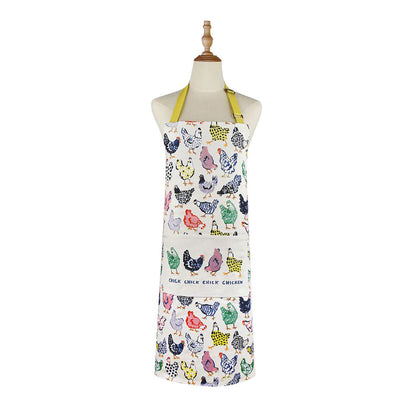 White cotton apron with a colorful chicken print and yellow neck strap displayed on a mannequin