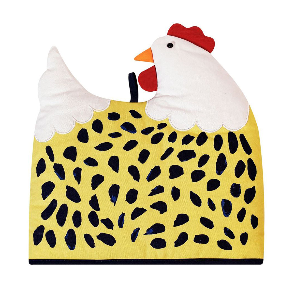 Chick Chicken Shaped Tea Cozy with a bright yellow body covered in navy spots a white head red comb and orange beak.