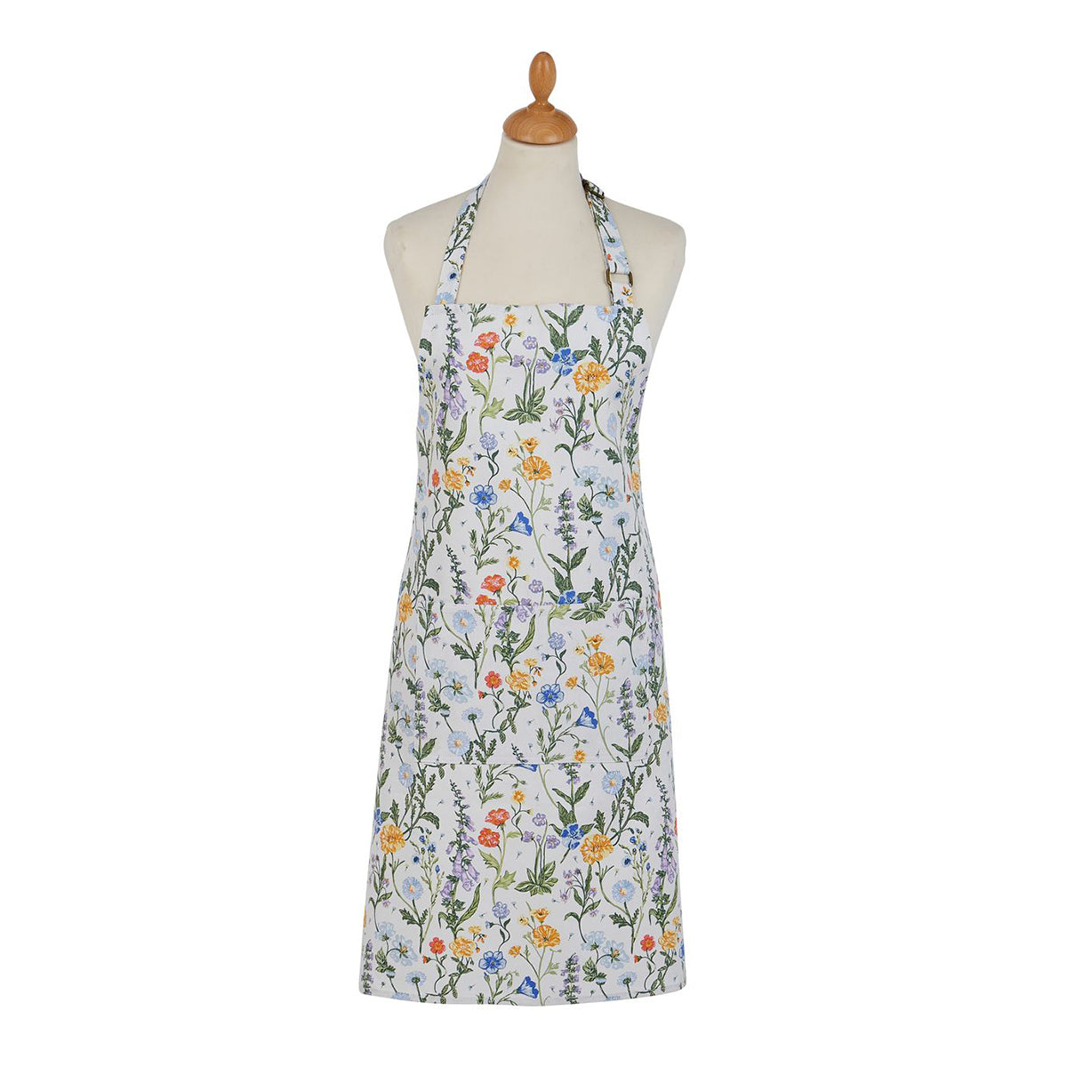 Cottage Garden Cotton Apron with a vibrant floral print on white fabric displayed on a mannequin