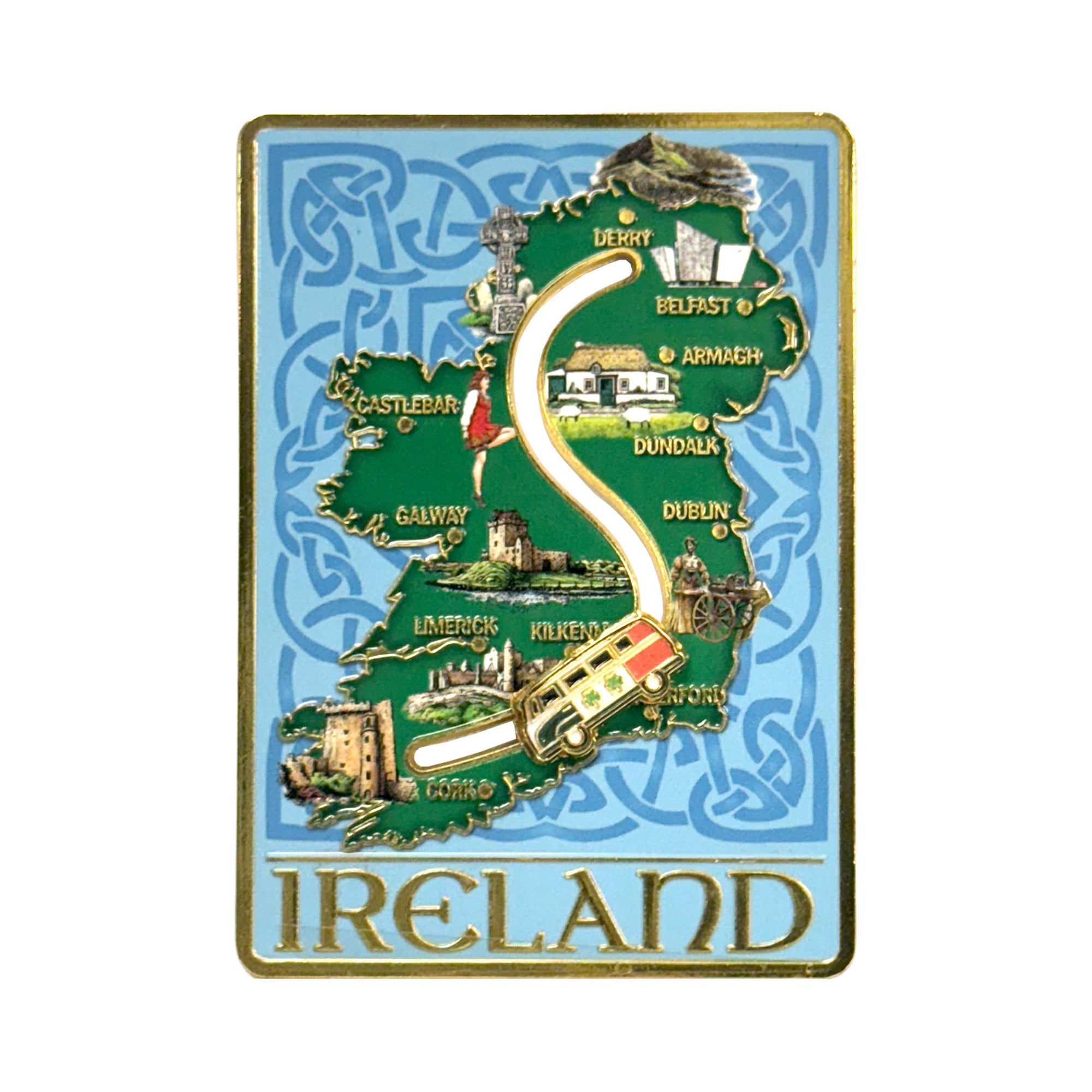 Ireland map sliding van metal magnet featuring a winding road across the island with landmarks