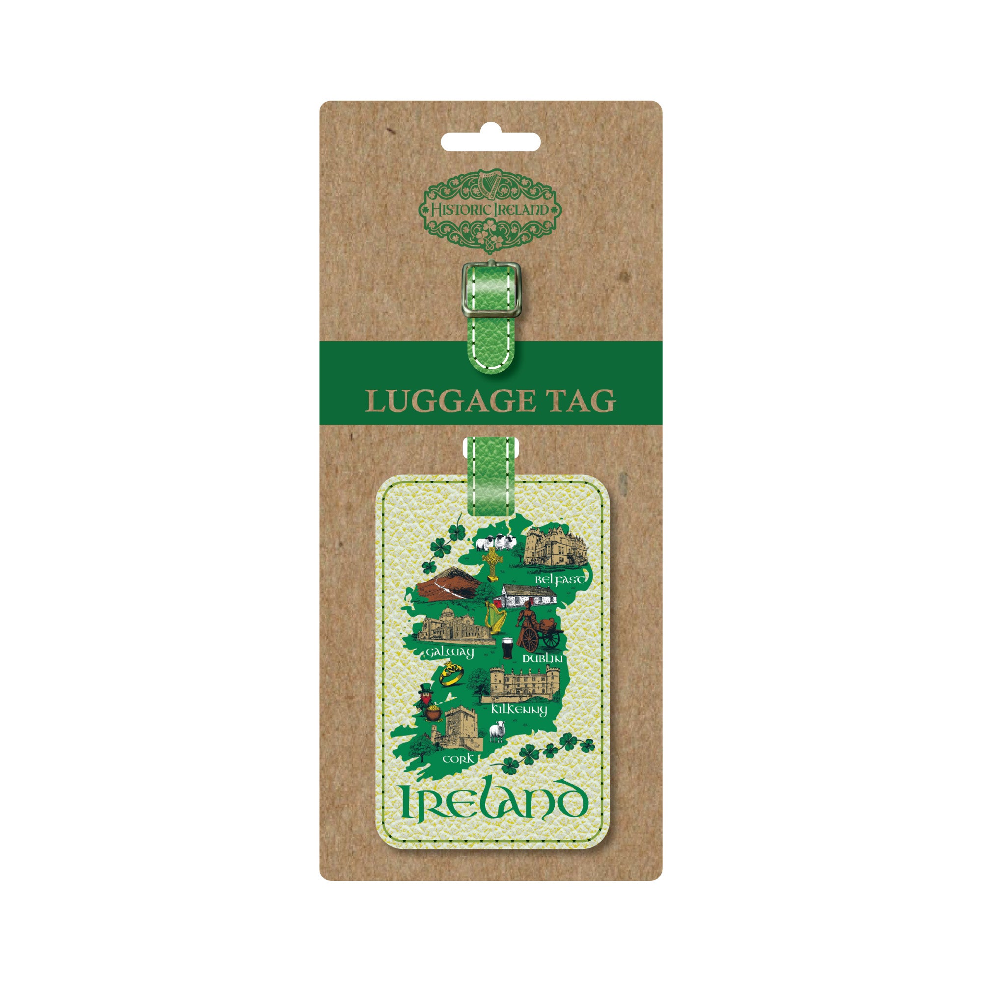 Ireland map luggage tag with green border stitching and a green strap on a cork card