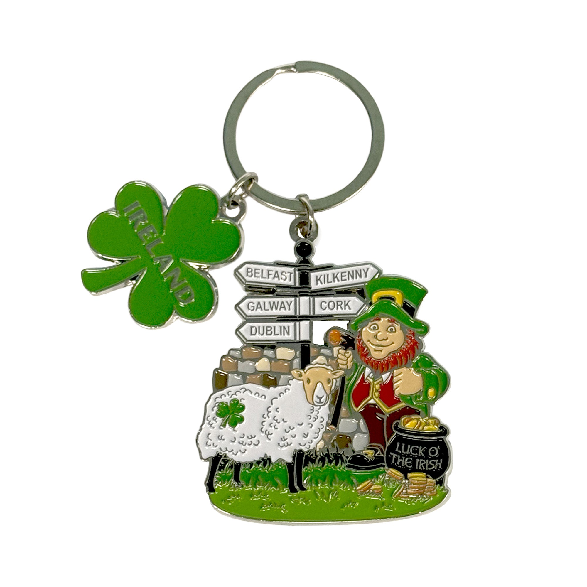 Irish themed keyring with a green shamrock, a leprechaun, a signpost and a sheep by a pot of gold
