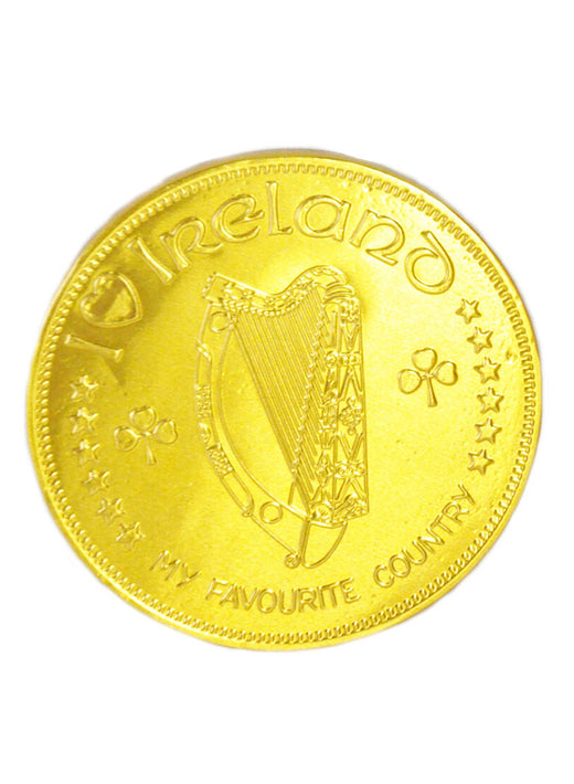 Shiny gold chocolate coin featuring Ireland inscription and harp motif