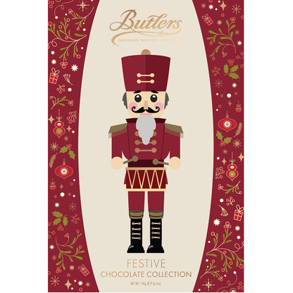 Butlers Festive Nutcracker chocolate collection box with a nutcracker figure on a cream panel and red decorative borders.