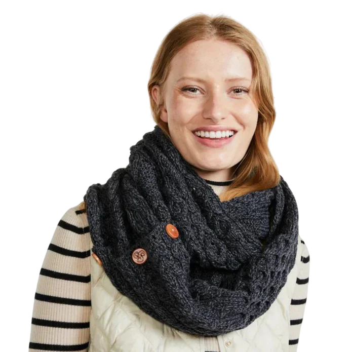 Ladies Buttoned Aran Black Snood Scarf