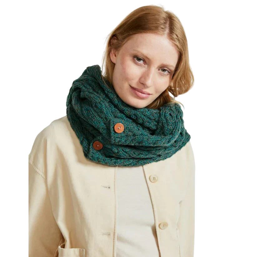 Ladies Buttoned Aran Connemara Green Snood Scarf