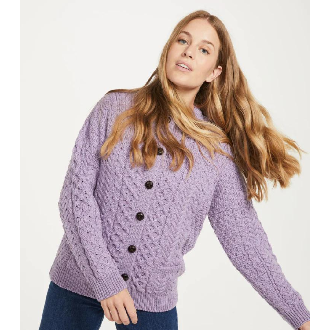 Ladies Aran Lumber Lilac Cardigan 