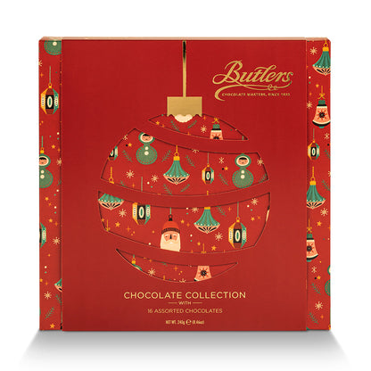 Red Butlers Christmas chocolate box with holiday graphics and 16 assorted chocolates