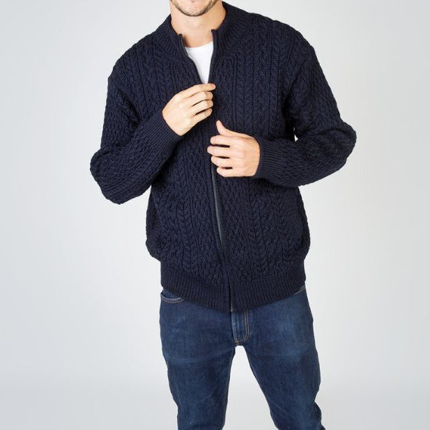 Men's  Aran Textured Zipper Navy Cardigan