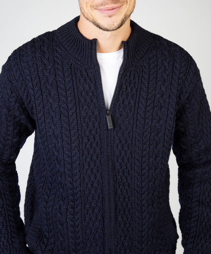 Men's  Aran Textured Zipper Navy Cardigan