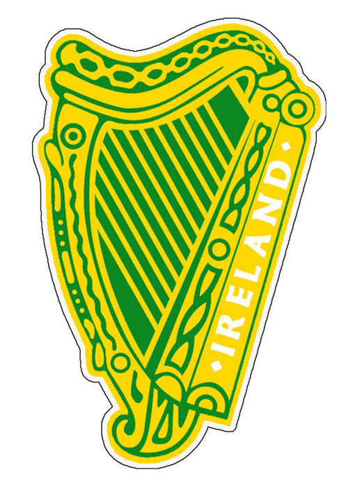 Green and yellow harp emblem with the word Ireland on the side