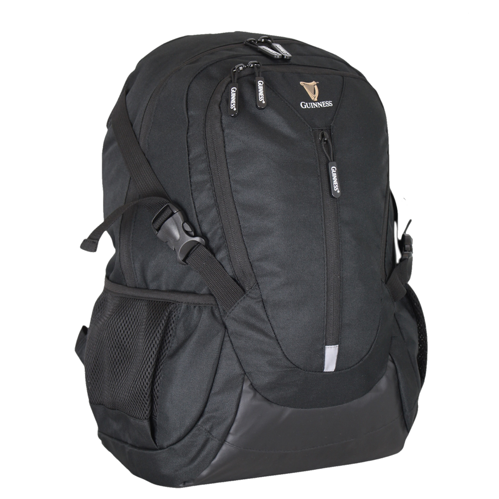 Guinness Ergonomic Cabin Backpack in black with multiple zipped pockets a side mesh pocket and padded shoulder straps