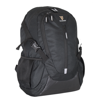 Guinness Ergonomic Cabin Backpack in black with multiple zipped pockets a side mesh pocket and padded shoulder straps