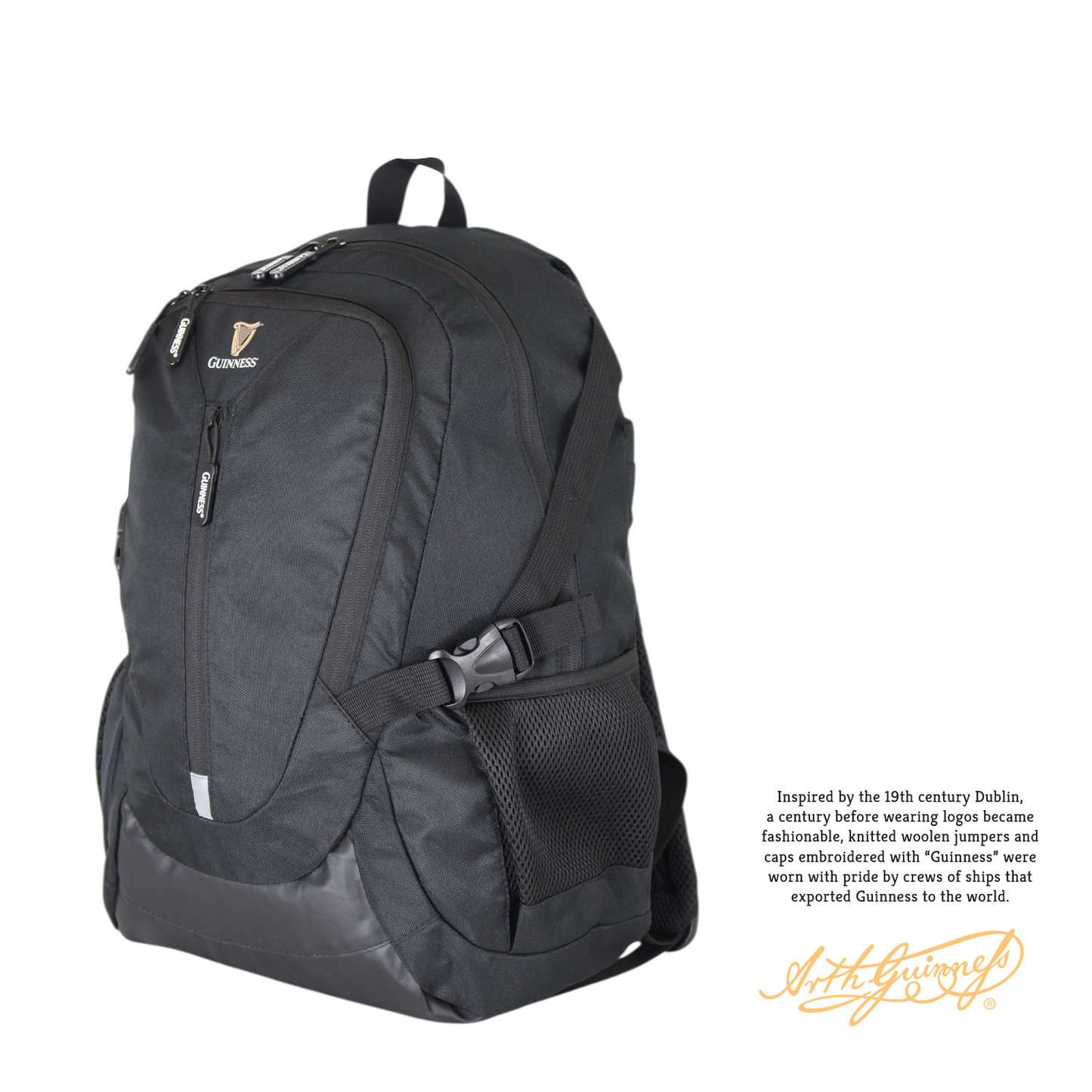 Guinness Ergonomic Cabin Backpack in black, front view with vertical zipper pocket and top carry handle