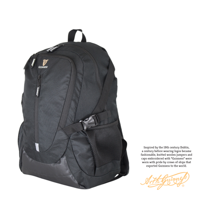 Guinness Ergonomic Cabin Backpack in black, front view with vertical zipper pocket and top carry handle