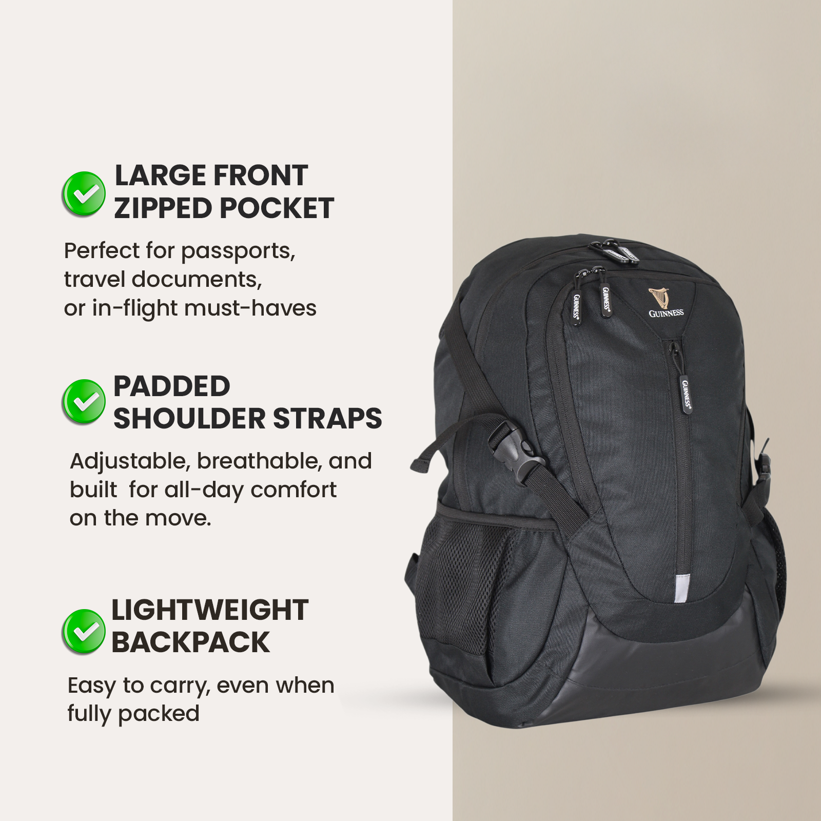 Guinness ergonomic cabin backpack shown on the right with beige feature panel describing large front zipped pocket padded shoulder straps and lightweight backpack