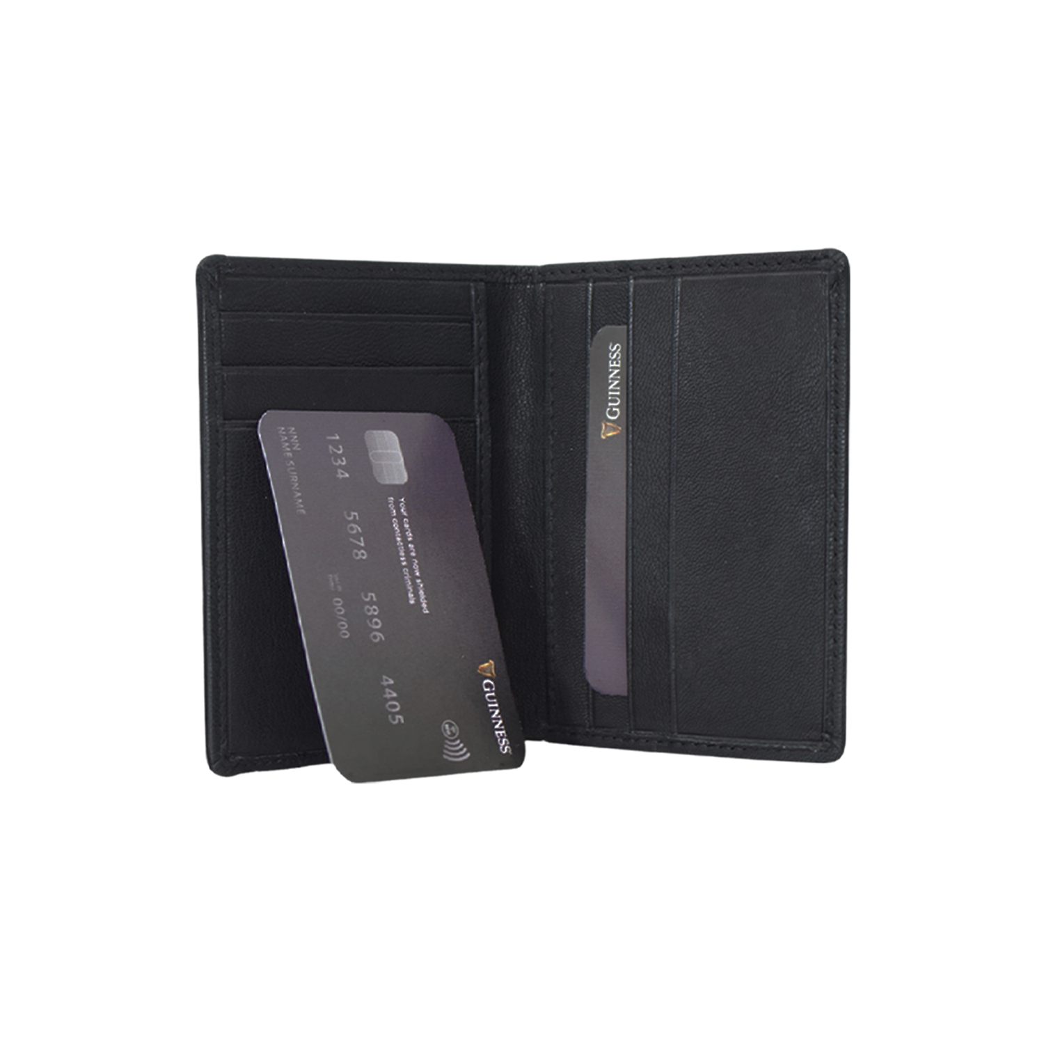Open Guinness card wallet with multiple slots and cards inserted.