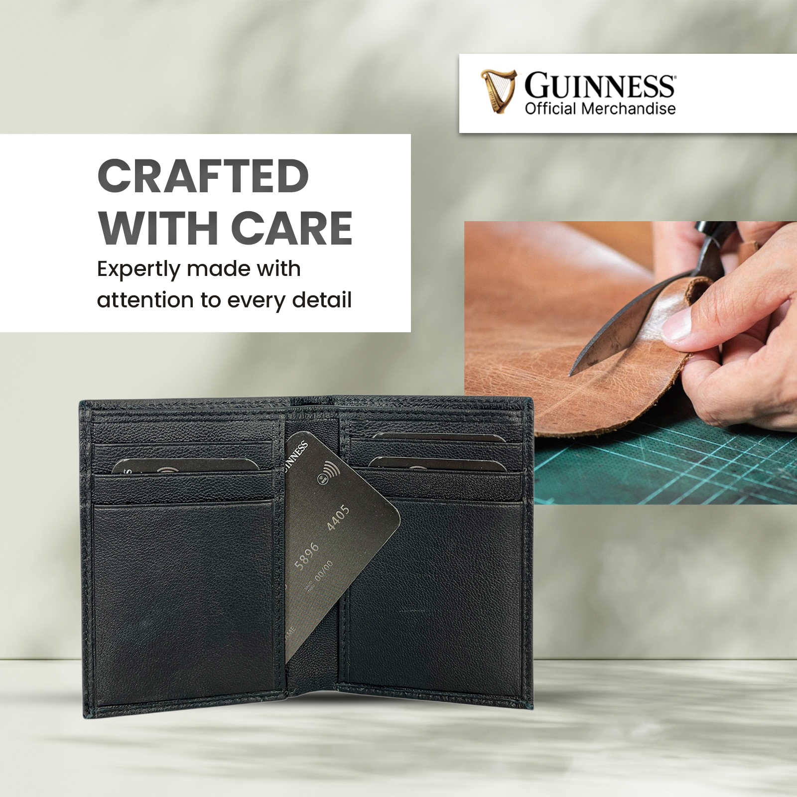 Open black Guinness wallet displaying card slots with a Guinness card inserted
