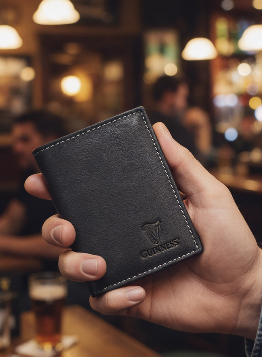 Hand holding a Guinness black leather wallet with white stitching in a bar