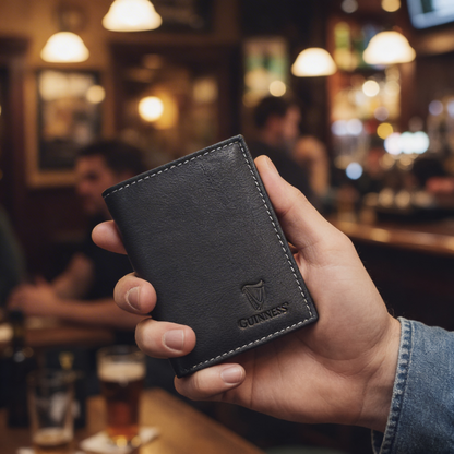 Hand holding a Guinness black leather wallet with white stitching in a bar