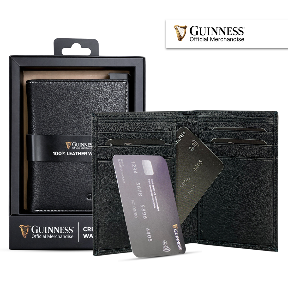 Open black leather Guinness wallet with multiple card slots and two cards partially inserted